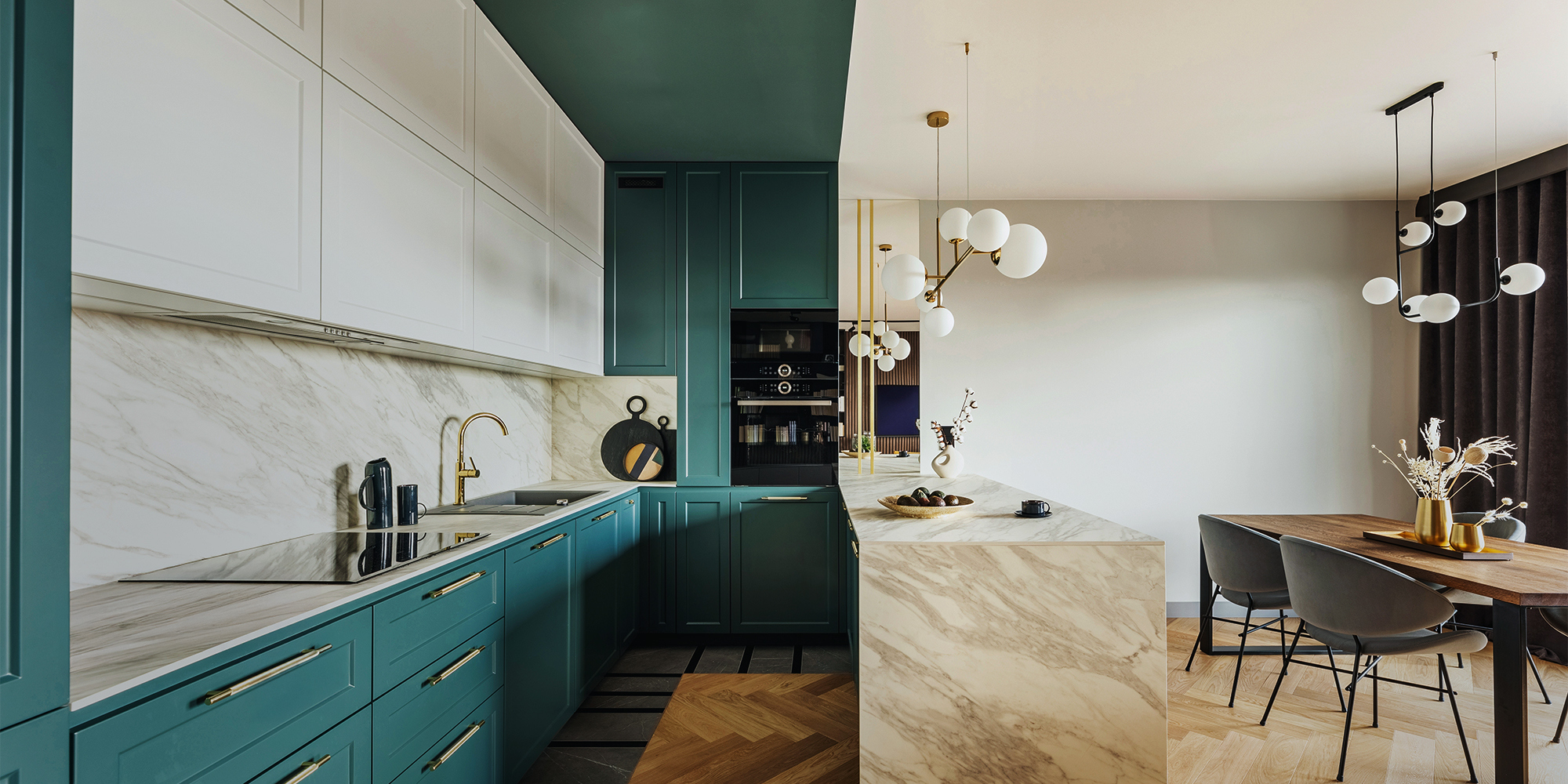 Integra Custom Integration high end kitchen with marble countertops and modern lighting 2000x1000