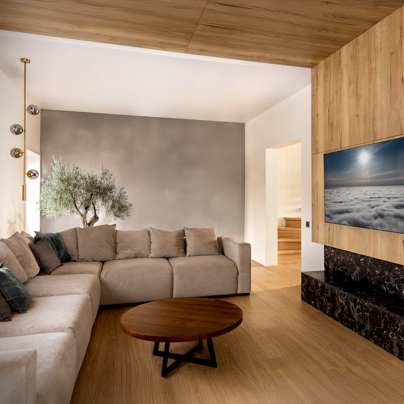 Integra Custom Integration airy and luxurious living room with light wood paneling and modern furniture 2000x2000