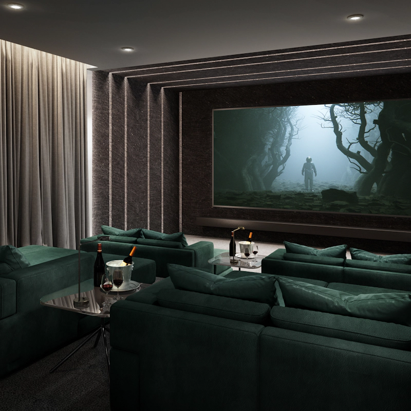 Integra DRX 8 4 home theater with luxurious green lounges and custom lighting and audio solutions 2000x2000